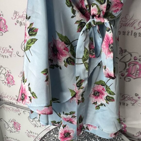 Design lab dress baby blue flowers Floral Wrap Dress with Puff Sleeves - Picture 4 of 5